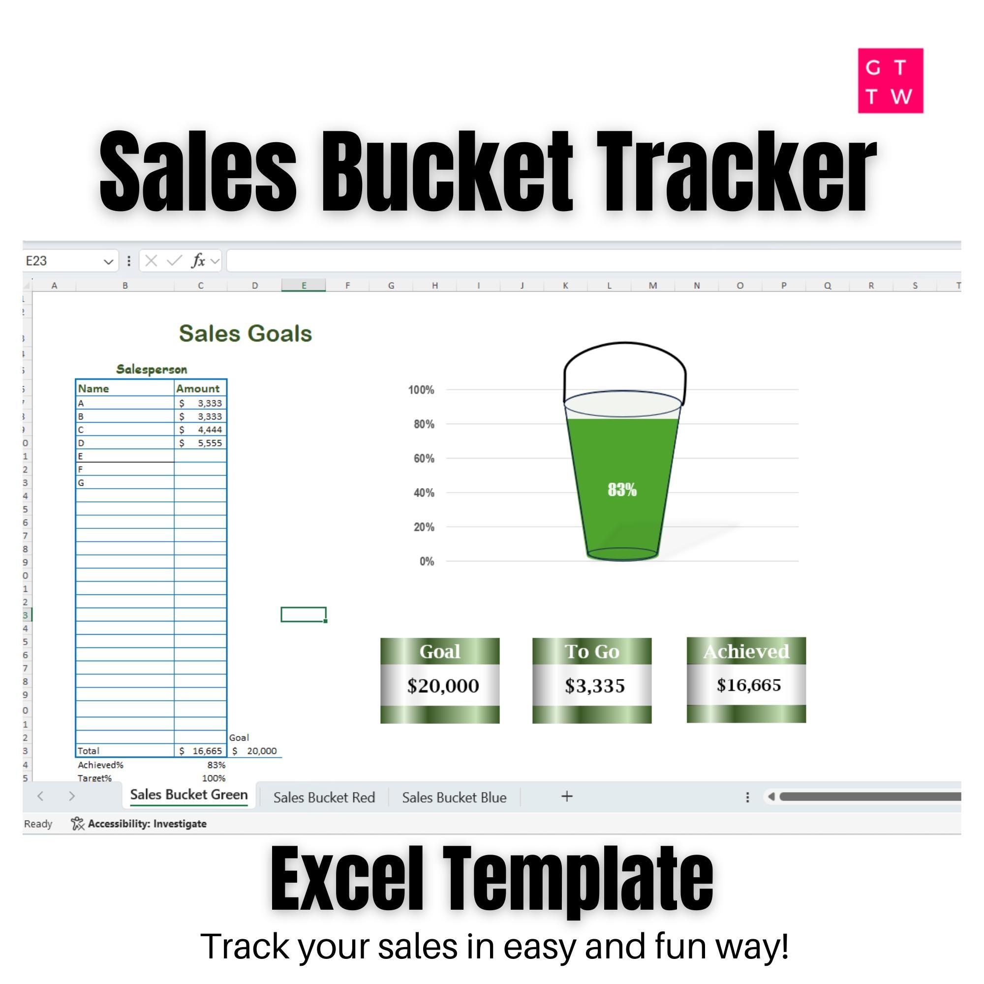 Sales Goal Tracker Bucket Template | Excel Instant Download - Etsy
