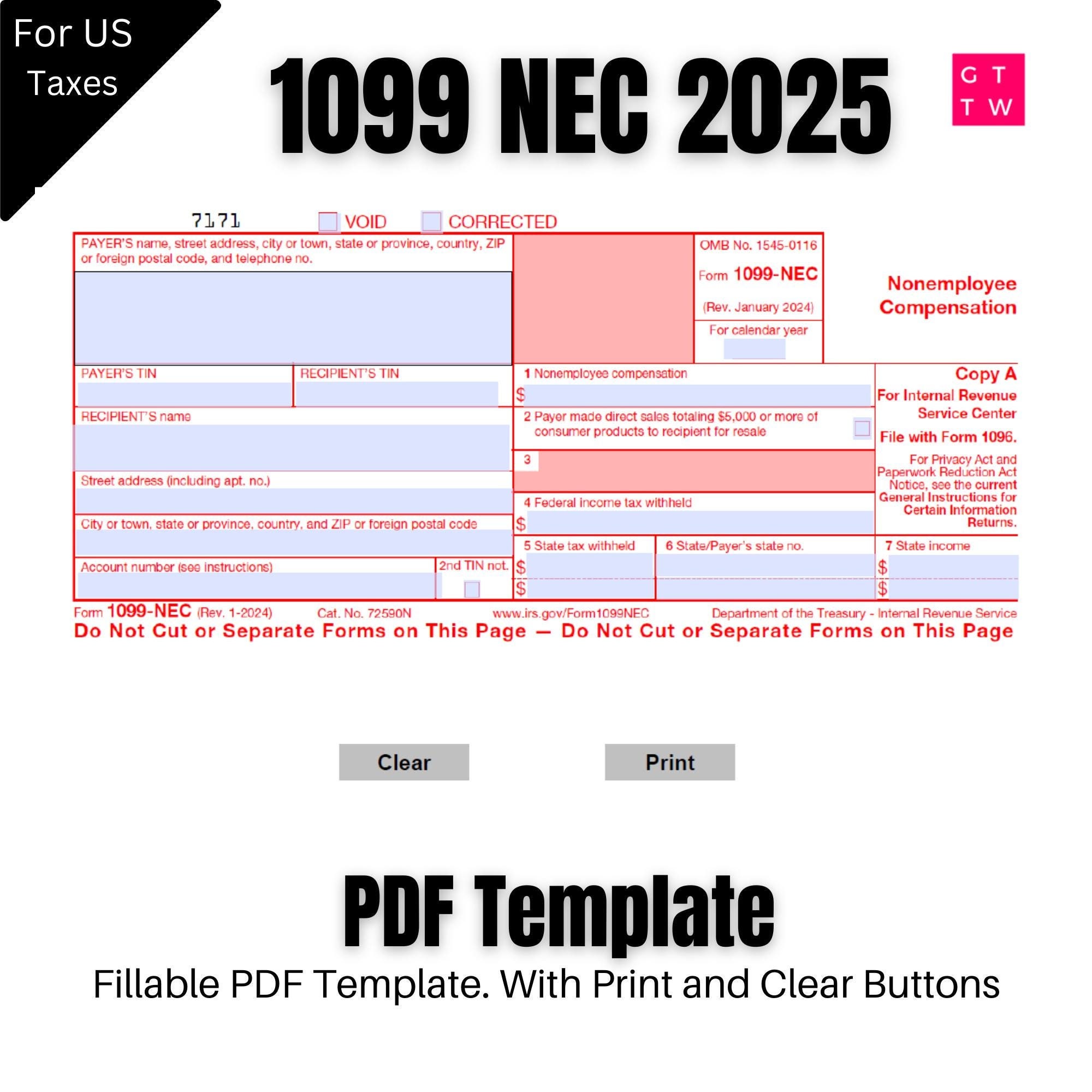 1099 NEC Editable PDF Fillable Template 2025 | With Print and Clear Buttons| Courier Font