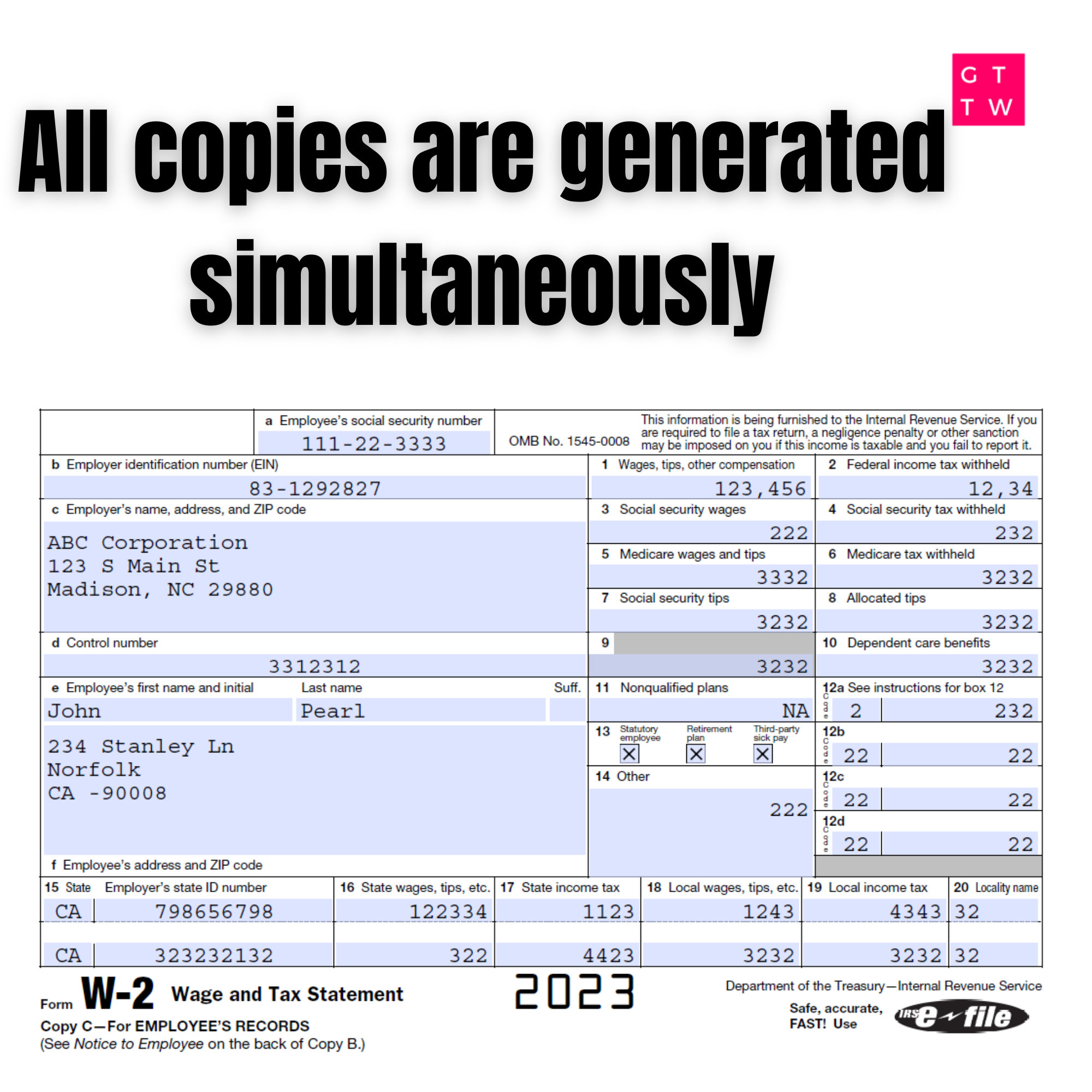 W2 Form IRS 2023 Fillable PDF With Print and Clear Buttons Generate W2