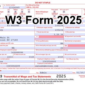May include: A W-3 Form for 2025, a transmittal of wage and tax statements, is displayed. The form includes sections for employer information, wages, and tax details. The form is white with black text and is for the Department of the Treasury Internal Revenue Service.