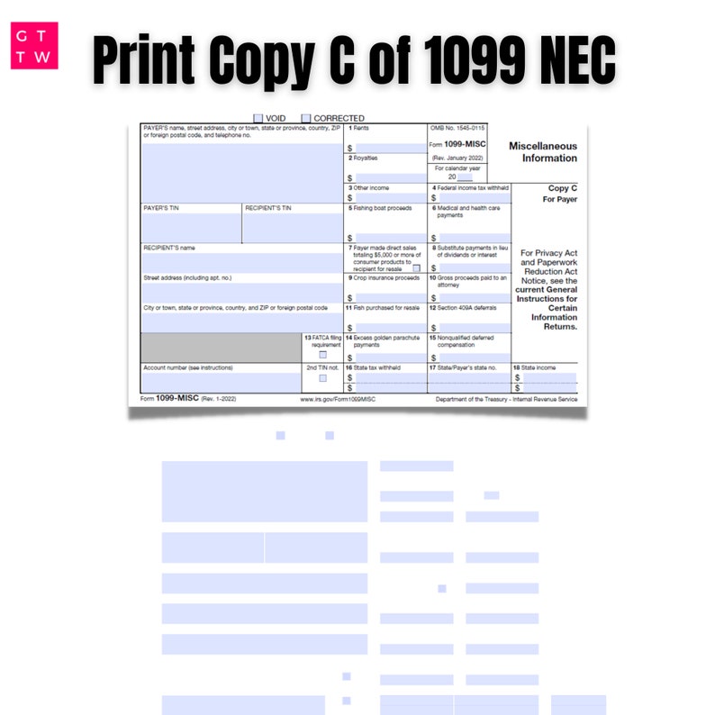 2022 1099MISC IRS Forms Print Template PDF Fillable With Clear and