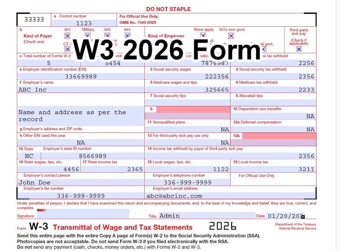 W3 Form IRS 2026 Fillable PDF - Etsy