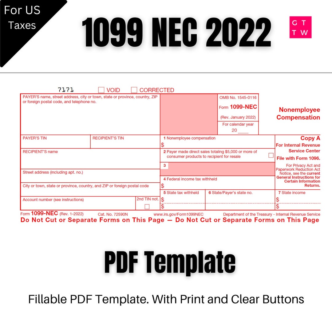 1099 NEC Editable PDF Fillable Template 2022 With Print and Clear