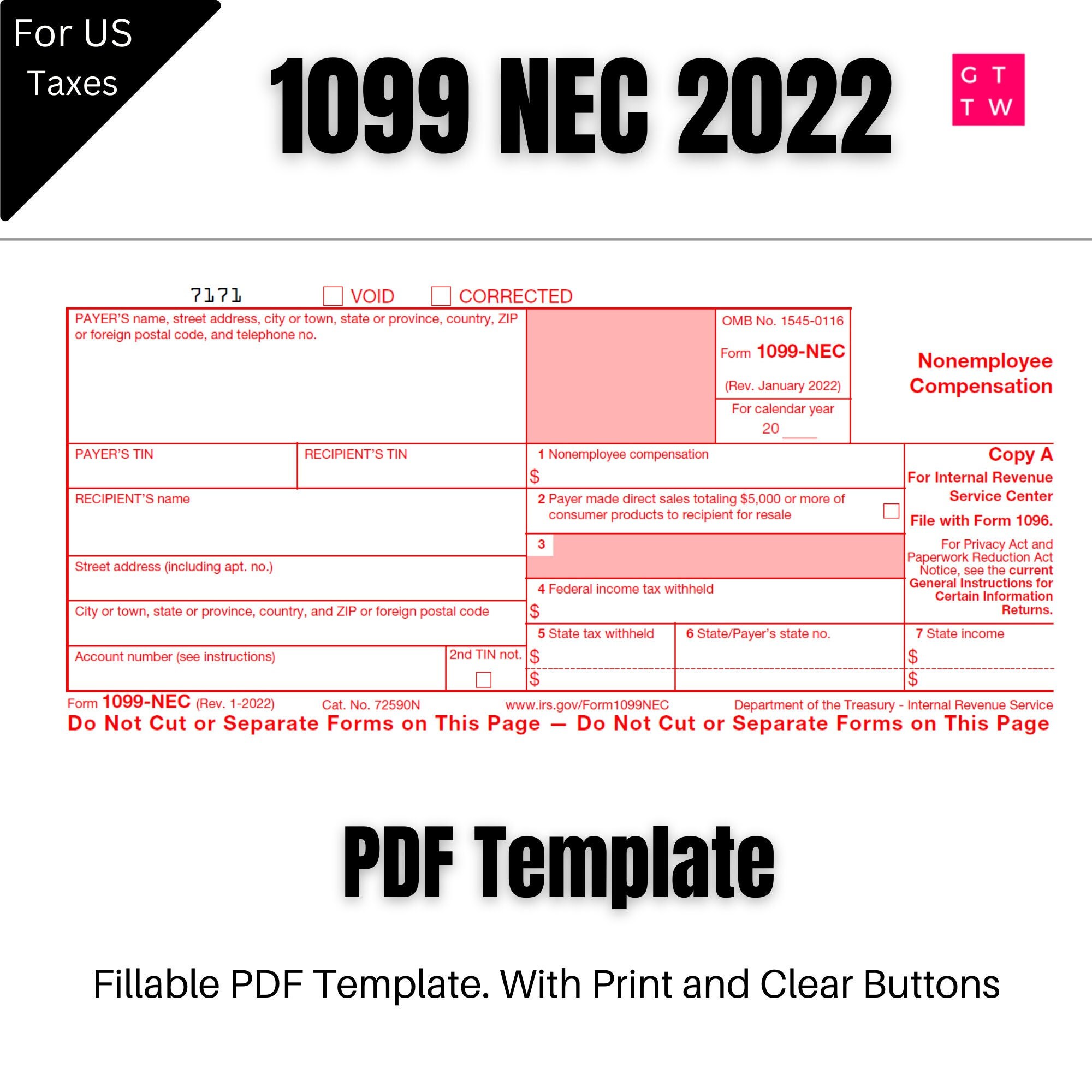 1099 NEC Editable PDF Fillable Template 2022 Prints Up To 30 Etsy 