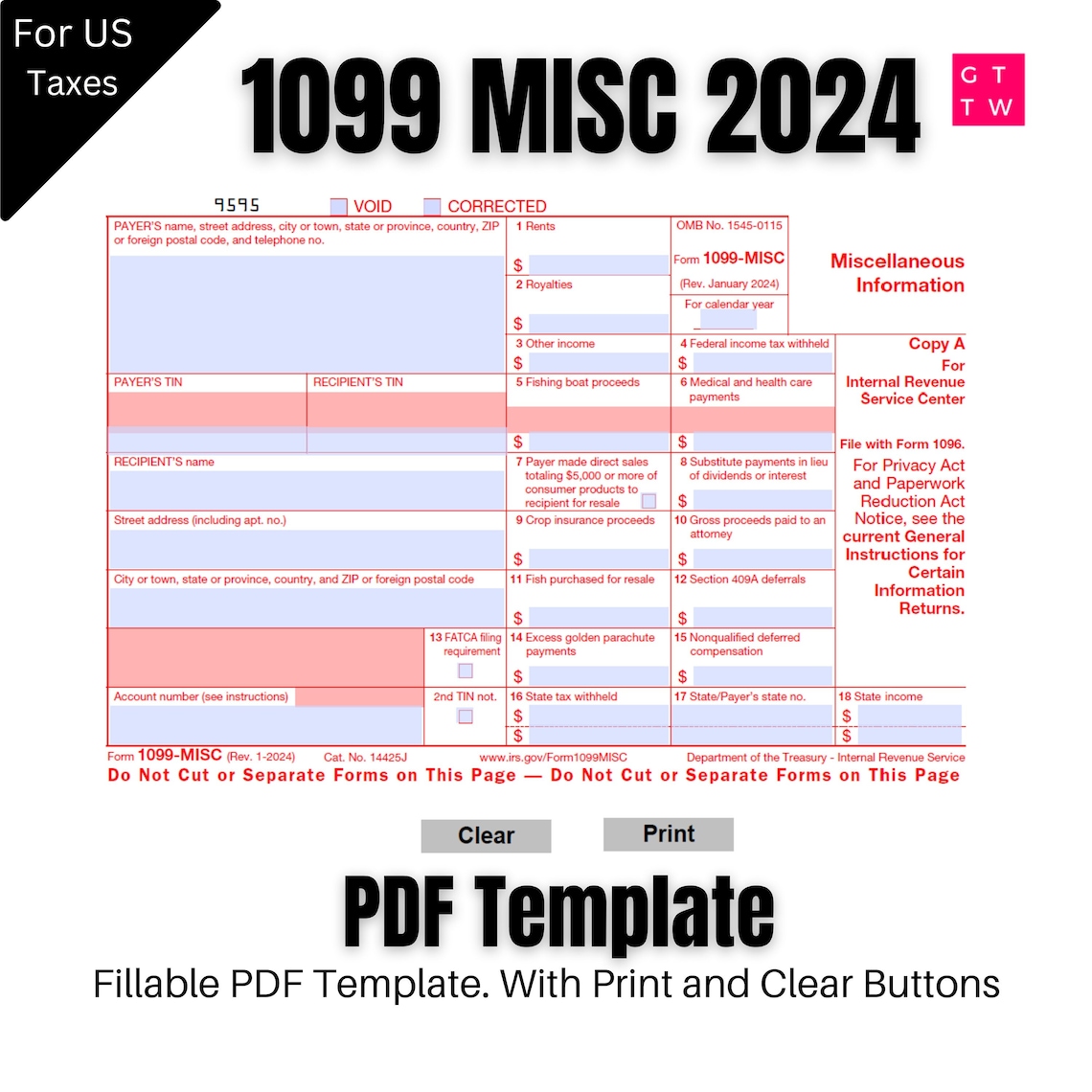 2024 1099MISC IRS Forms Copy A Print Template PDF Fillable With Clear 2024 1099MISC IRS Forms Copy A Print Template PDF Fillable With Clear