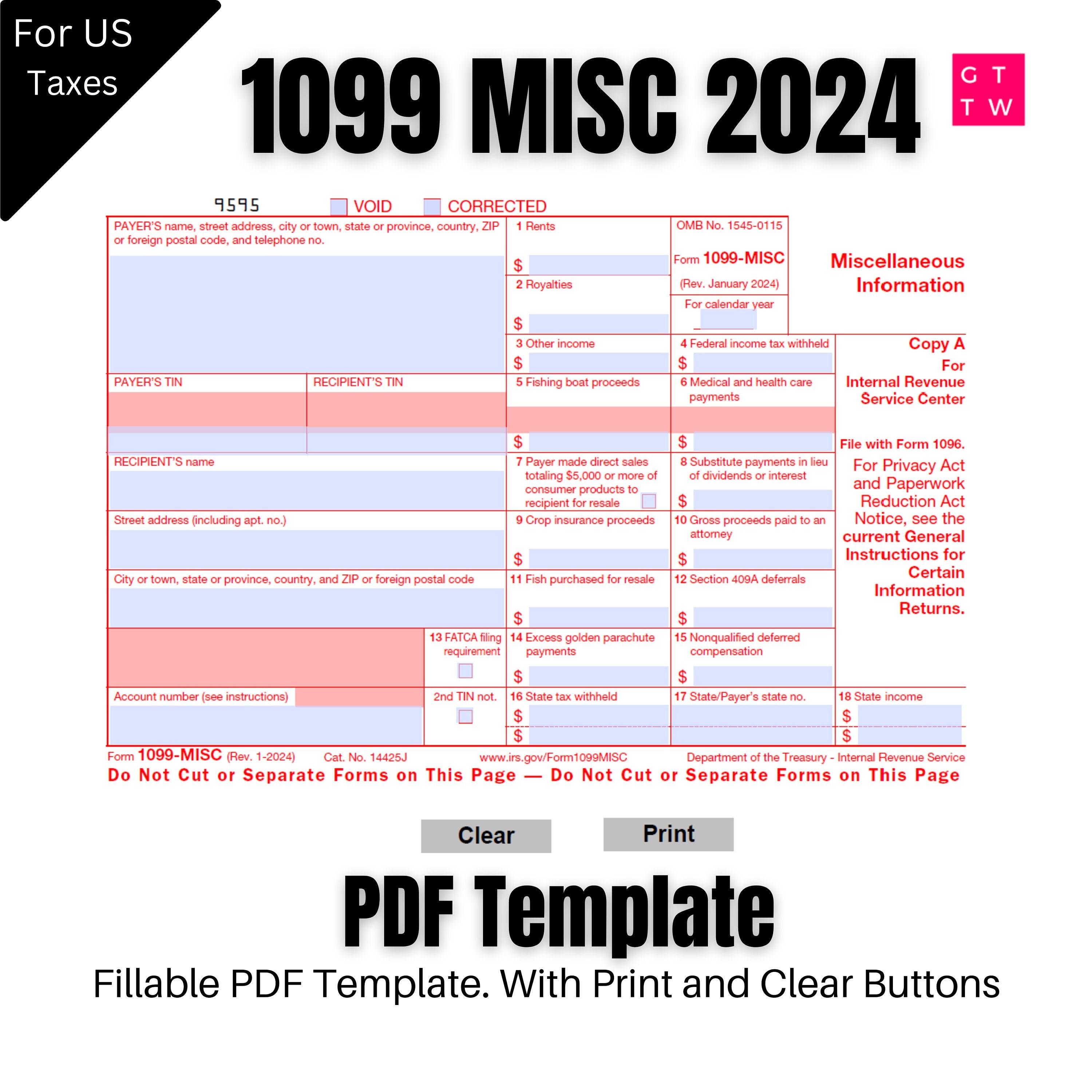 2024 1099MISC IRS Forms Copy A Print Template PDF Fillable With Clear 2024 1099MISC IRS Forms Copy A Print Template PDF Fillable With Clear
