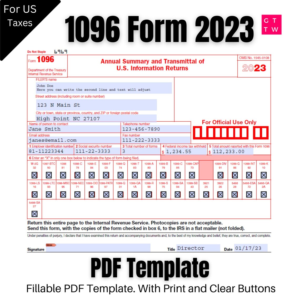 1096 IRS PDF Fillable Template 2023/2024 With Print and Clear Buttons Courier Font Digital