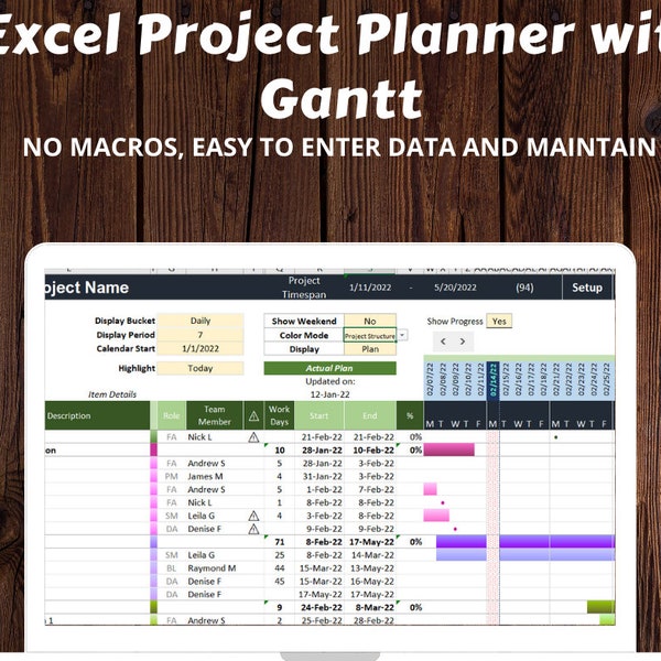 Modello di gestione del progetto in Excel / Diagramma di Gantt con diversi colori / Tracker attività / Tracker rischio progetto / Download digitale senza macro