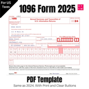 May include: A 1096 Form for 2025, a PDF template for US taxes. The form includes fields for filer's name, address, and financial details. The text "PDF Template" and "Same as 2024" are also visible.