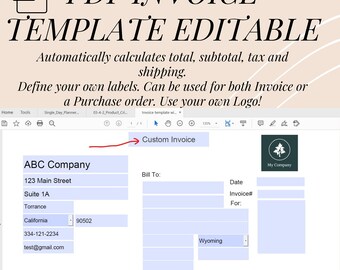 Editable Invoice Template PDF: Auto Calculate, A4 (Digital Download)