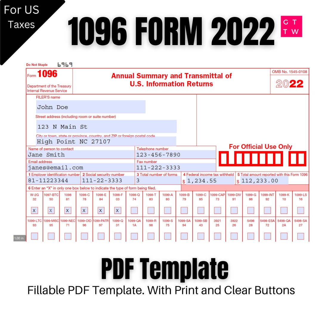 1096 IRS PDF Fillable Template 2022 With Print and Clear Buttons