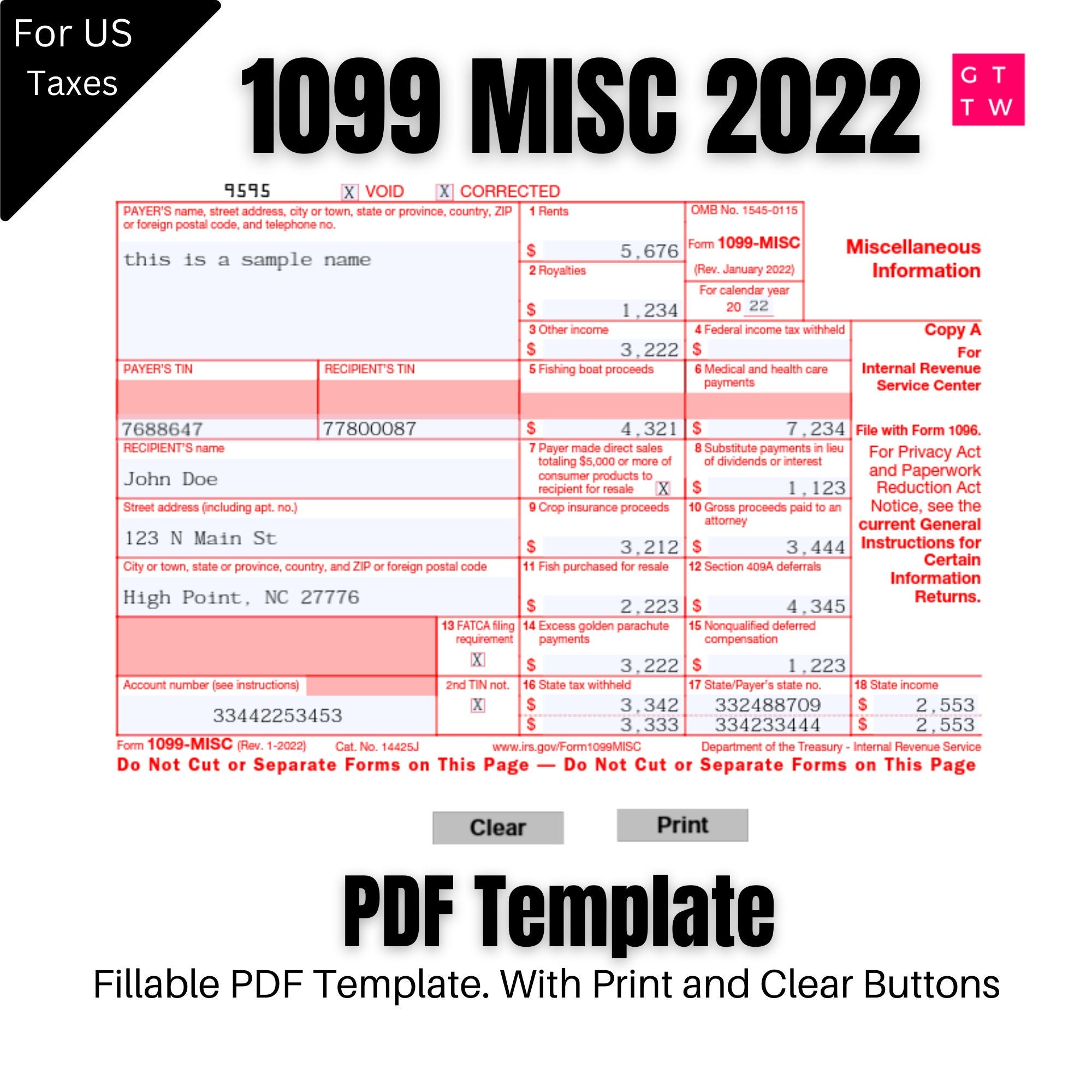 2022 1099 Misc Irs Forms Print Template Pdf Fillable With Etsy