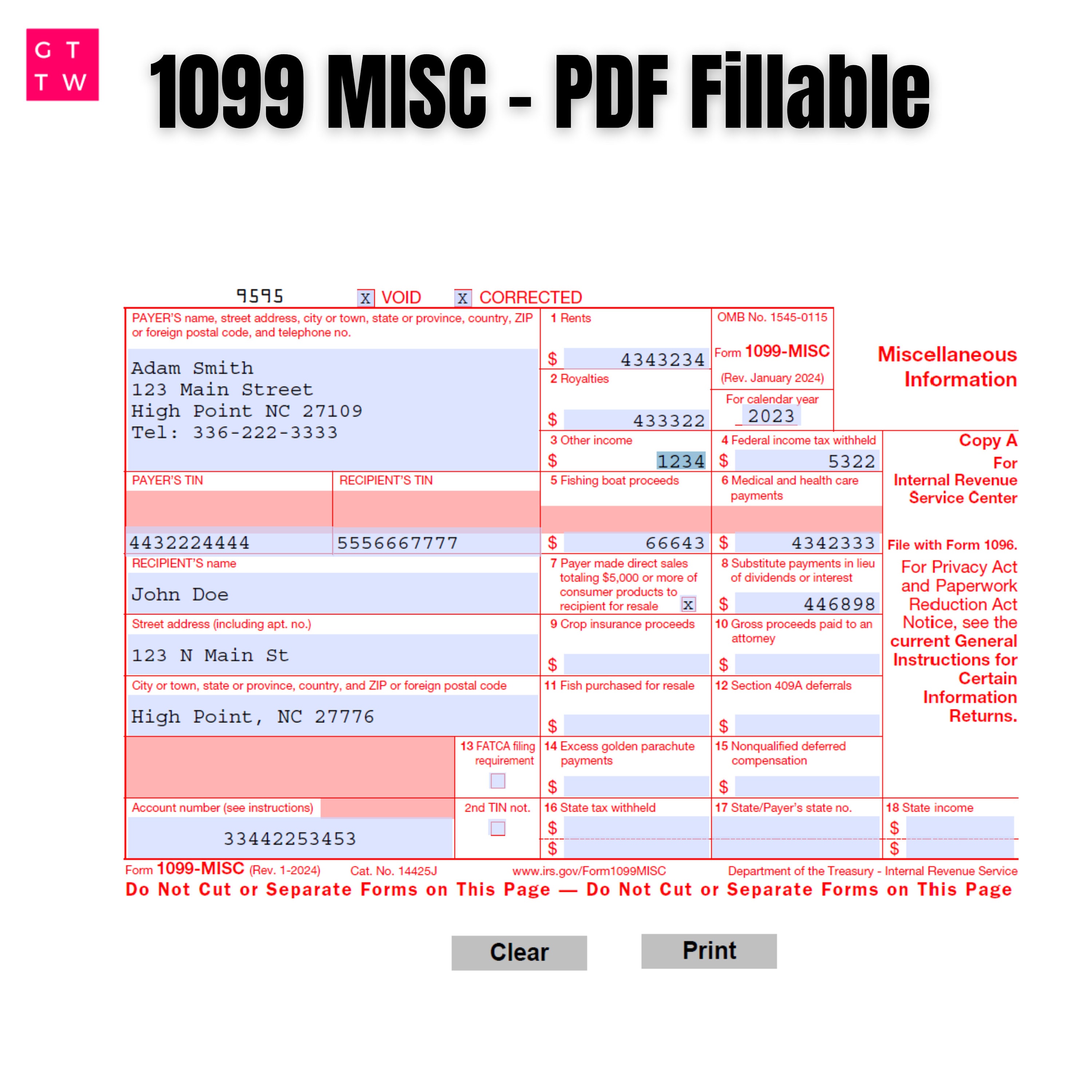 2024 1099 Misc Irs Forms Copy A Print Template Pdf Fillable With Clear
