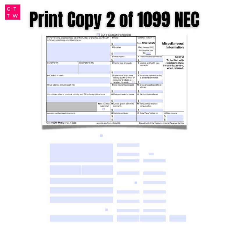 2022 1099MISC IRS Forms Print Template PDF Fillable With Etsy
