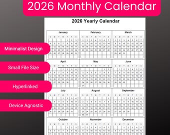 2026 Fillable Monthly and Yearly Calendar PDF | Digital Planner for Laptop & Tablet | Minimalist