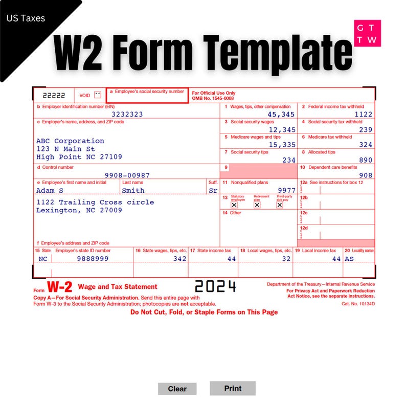 W2 Form IRS 2025 Fillable PDF | With Print and Clear Buttons | Generate ...