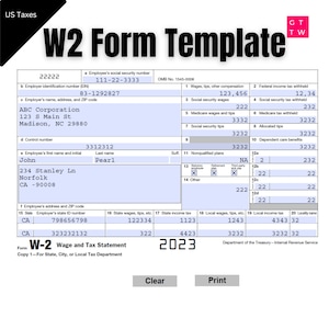 W2 Form IRS 2023 Fillable PDF With Print and Clear Buttons - Etsy