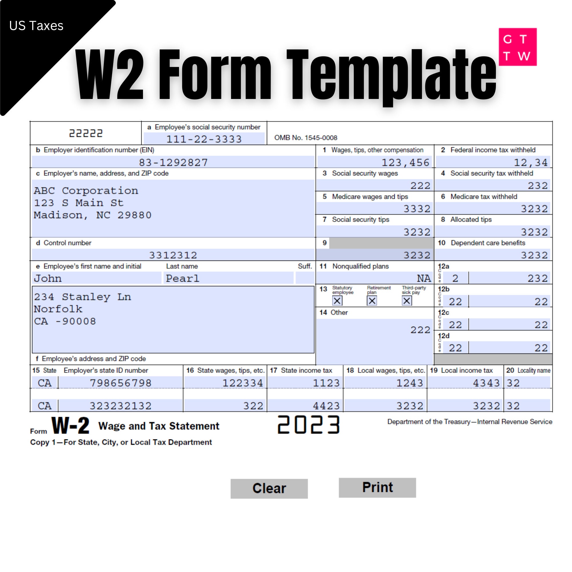 W2 Form IRS 2024/2023 Fillable PDF With Print and Clear Buttons
