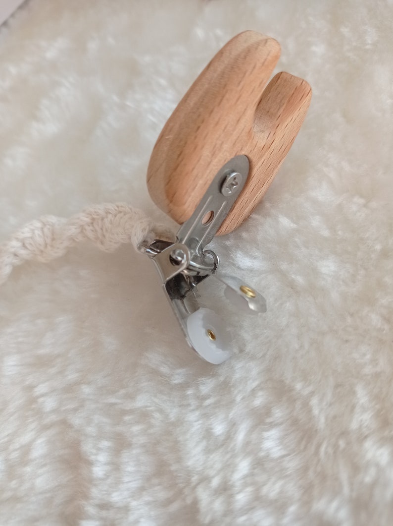 Layette For Child Macrame Pacifier Holder With Wooden Rabbit Clip