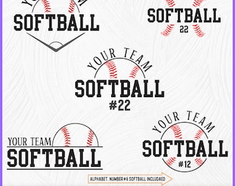 May include: Five different softball team logo designs with the text "Your Team Softball" and a softball graphic. The logos include a baseball with red stitching, a softball with red stitching, and a softball with red stitching and leaves. The logos also include the numbers 22 and 12.