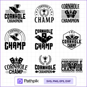 Puede incluir: Una colección de diseños en blanco y negro con temática de cornhole. Cada diseño presenta las palabras "Cornhole Champion" o "Cornhole Champ" con imágenes de tableros de cornhole, trofeos y coronas de laurel. Formatos SVG, PNG, EPS y DXF.