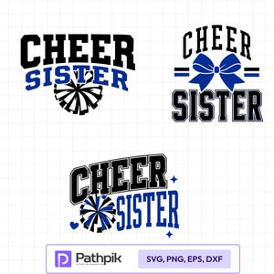 Può includere: Tre design grafici digitali con il testo CHEER SISTER in caratteri neri e blu. I disegni includono illustrazioni di un pompon nero, un fiocco blu per capelli e un pompon blu e nero con piccoli dettagli a forma di stella e di cuore.
