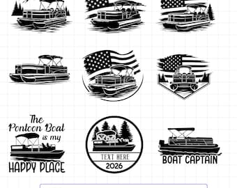 May include: A collection of nine black and white graphic designs featuring pontoon boats, American flags, pine trees, and mountains. Text elements include 'The Pontoon Boat is my HAPPY PLACE', 'TEXT HERE 2026', and 'BOAT CAPTAIN' in various styles.