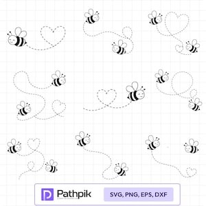 Könnte beinhalten: Eine Sammlung von schwarz-weißen Vektorillustrationen mit Cartoon-Bienen, deren gepunktete Flugbahnen verschiedene Formen wie Herzen und Schleifen bilden. Unten befindet sich ein Logo mit dem Text Pathpik sowie die Dateiformate SVG, PNG, EPS, DXF.