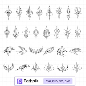 Może przedstawiać: Kolekcja czarnych grafik wektorowych przedstawiających różne symetryczne zdobienia typu pinstripe, ozdobne zawijasy oraz stylizowane motywy zwierzęce, w tym głowę orła, głowę lisa, skrzydła i pióro, rozmieszczone na białym tle w kratkę.