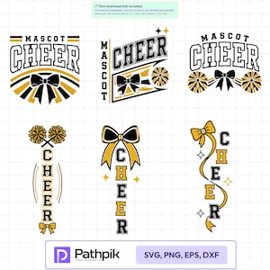 Może przedstawiać: Kolekcja sześciu cyfrowych projektów graficznych z napisem CHEER i MASCOT w kolorze czarnym i złotym. Projekty zawierają ilustracje kokard, pomponów i gwiazdek ułożone w różnych pionowych i poziomych układach na tle siatki.