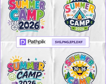 May include: Four graphic designs for Summer Camp 2026. Top left features colourful text with a peace sign. Top right shows a tent, campfire, and mountains. Bottom left includes a sun and smiley face. Bottom right displays a sun wearing sunglasses.