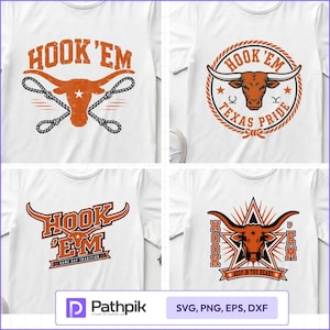 May include: Four white t-shirts featuring orange and black graphic designs of longhorn cattle. The designs include the text 'HOOK 'EM', 'TEXAS PRIDE', and 'DEEP IN THE HEART', incorporating elements like ropes, stars, and geometric star shapes.