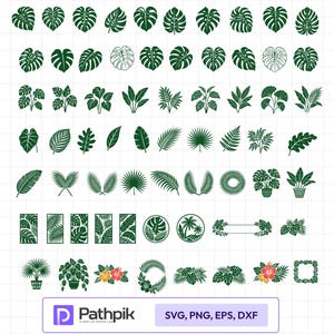 May include: A collection of dark green tropical plant and leaf illustrations arranged in a grid, including monstera, palm, and fern varieties. The bottom features the Pathpik logo and text: SVG, PNG, EPS, DXF, with some floral accents.