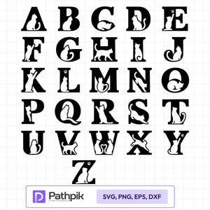 May include: A complete alphabet from A to Z featuring black capital letters with white cat silhouettes integrated into each character design. The letters are arranged in a grid format on a white background with a grid overlay pattern.