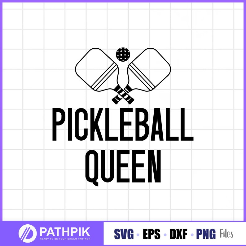 May include: Black and white graphic design of two pickleball paddles crossed with a ball in the center. The text "Pickleball Queen" is below the paddles.