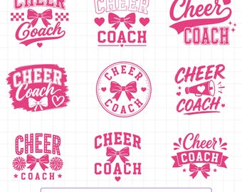 May include: A collection of nine pink graphic designs featuring the text Cheer Coach, bows, hearts, megaphones, and pom-poms arranged in a grid. The bottom section displays the text Pathpik followed by the file formats SVG, PNG, EPS, and DXF.