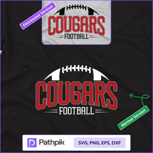 May include: Black t-shirt with a red and white "Cougars Football" graphic in distressed and normal versions. The design incorporates a football shape and text. File type options are shown at the bottom of the image.