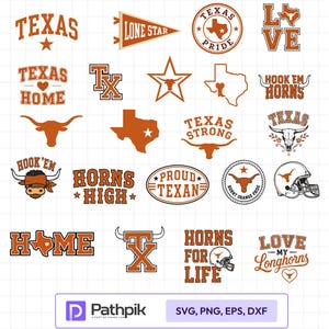 Puede incluir: Una colección de diseños gráficos en color naranja quemado con iconos temáticos de Texas, incluyendo el contorno del estado, cráneos de longhorn, cascos de fútbol americano y textos como Texas Home, Hook Em Horns y Proud Texan.