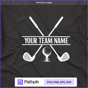 May include: Dark gray t-shirt featuring a white golf-themed design. The design includes crossed golf clubs, a golf ball on a tee, and the text "YOUR TEAM NAME" in a horizontal banner. The Pathpik logo and file type options are at the bottom.
