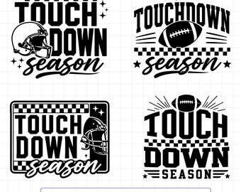 May include: Four black and white digital graphic designs featuring the text TOUCHDOWN season. Each design incorporates football imagery, including helmets and footballs, alongside checkered patterns, stars, and decorative lines on a grid background.