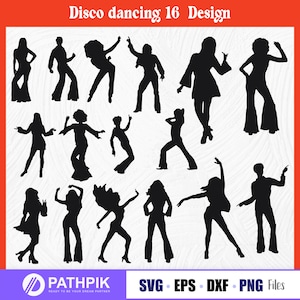 May include: A set of 16 black silhouette images of people dancing in a disco style. The images are in various poses and are suitable for use in crafts, scrapbooking, or digital design projects.