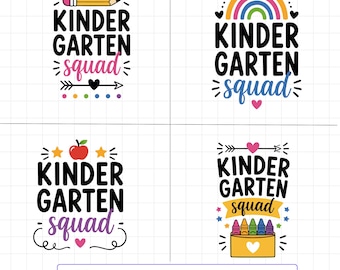 May include: Four digital graphic designs featuring the text Kindergarten Squad. Designs include a yellow pencil, a colourful rainbow, a red apple with yellow stars, and a yellow crayon box. Each graphic uses black lettering with colourful accents.
