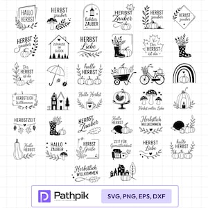 May include: A collection of black and white digital illustrations featuring autumn-themed designs, including pumpkins, mushrooms, leaves, houses, bicycles, and umbrellas, accompanied by German text phrases like Hallo Herbst and Herbst Zauber.