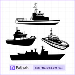 Puede incluir: Cuatro imágenes en silueta negra de diferentes tipos de barcos. Los barcos están todos mirando hacia el lado derecho de la imagen. La imagen incluye el texto "SVG, PNG, EPS & DXF Files".