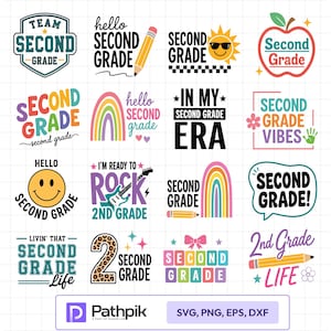 Può includere: Una collezione di sedici design grafici colorati con il testo Second Grade, che includono illustrazioni di matite, arcobaleni, mele, faccine sorridenti, chitarre e motivi leopardati, presentati su uno sfondo a griglia bianca con testo.