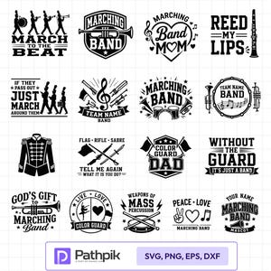 Puede incluir: Una colección de veinte diseños gráficos en blanco y negro con temas de bandas de música, que incluyen siluetas de músicos, instrumentos musicales como trompetas y tambores, equipo de guardia de color y frases de texto como March to the Beat.