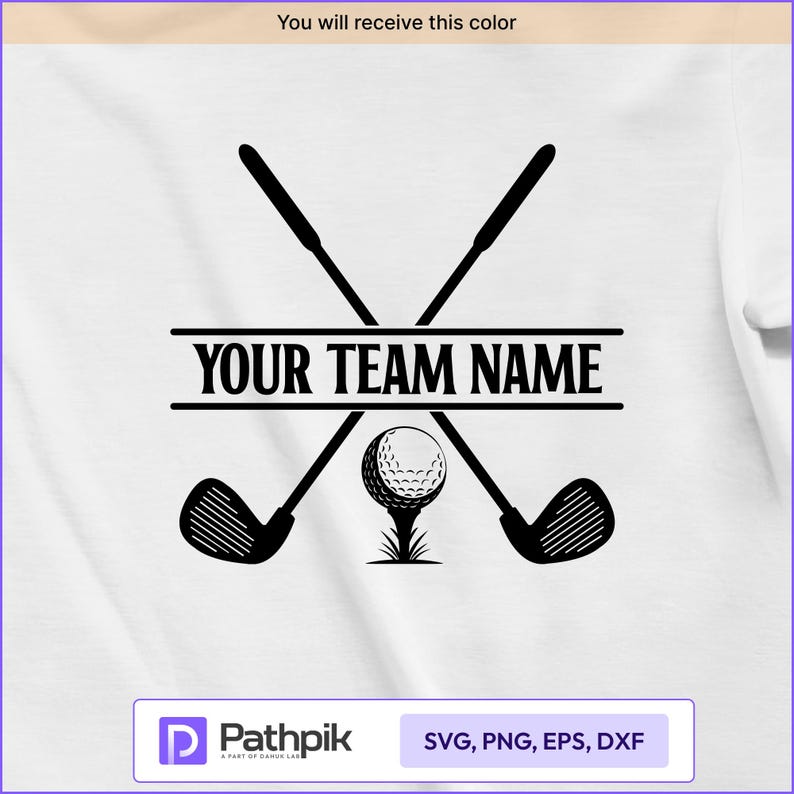 May include: Black graphic design featuring crossed golf clubs, a golf ball on a tee, and the text "YOUR TEAM NAME". The design is set against a white background. The image also includes the text "You will receive this color".