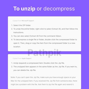 May include: A screenshot of a webpage with instructions on how to unzip or decompress a ZIP file. The instructions are from Microsoft and Apple Support.