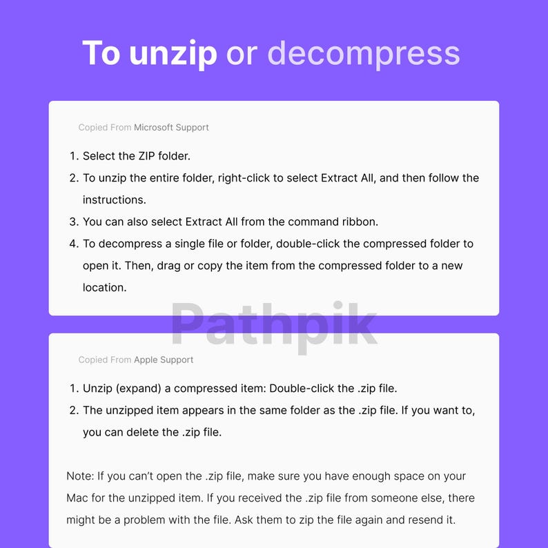 May include: A screenshot of a webpage with instructions on how to unzip or decompress a ZIP file. The instructions are from Microsoft and Apple Support.