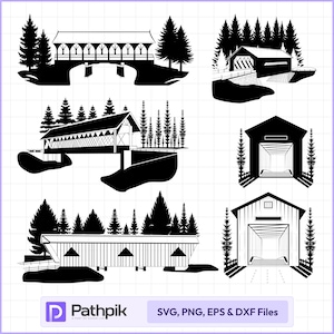 Op de afbeelding: Een set van tien zwart-witte SVG-snijbestanden met verschillende stijlen van overdekte bruggen. De ontwerpen omvatten een verscheidenheid aan brugstijlen, met bomen en begroeiing rond elke brug.